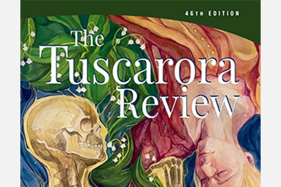 The Tuscarora Review, 46th Edition cover art: a skull and a woman's face amid lily-of-the-valley flowers and swirling green, red, and blue colors.